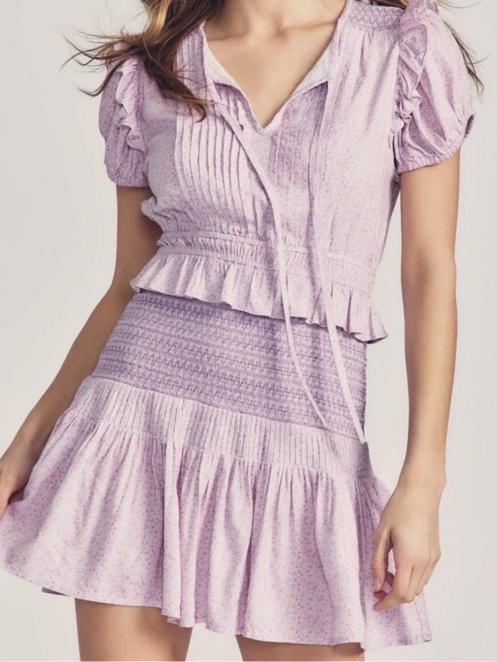 LoveShackFancy Toto Mini Dress Purple Pansy Floral Smocked Ruffle M